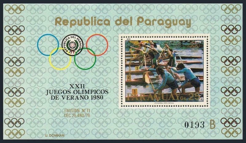 Paraguay C472 sheet,MNH.Michel 3248 Bl.346. Olympics Moscow-1980.Two-man canoe.