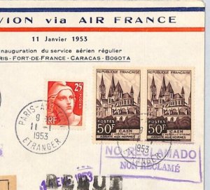 FRANCE Air Mail 1953 Cover Paris FIRST FLIGHT VENEZUELA Caracas AIR FRANCE XZ249