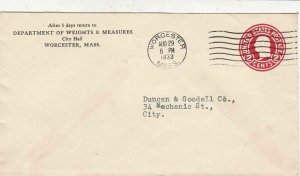 U.S. DEPT. OF WEIGHTS & MEASURES, Worcester, Mass. 1933 Pre Paid Cover Ref 47493