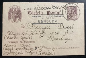 1938 Lerida Spain Concentration camp Postcard cover To Barcelona Vicente Bonet