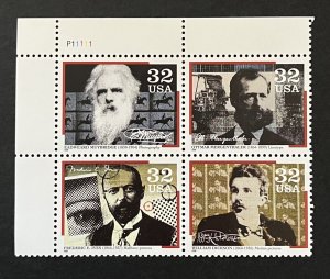 US Stamp, Scott #3064a Pl# Blk of 4, 32c Pioneers of Communication, MNH OG $2.60