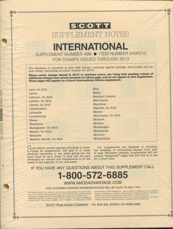 Scott International Postage Stamp Album Supplement #49B 2013  424 PAGES 849P113