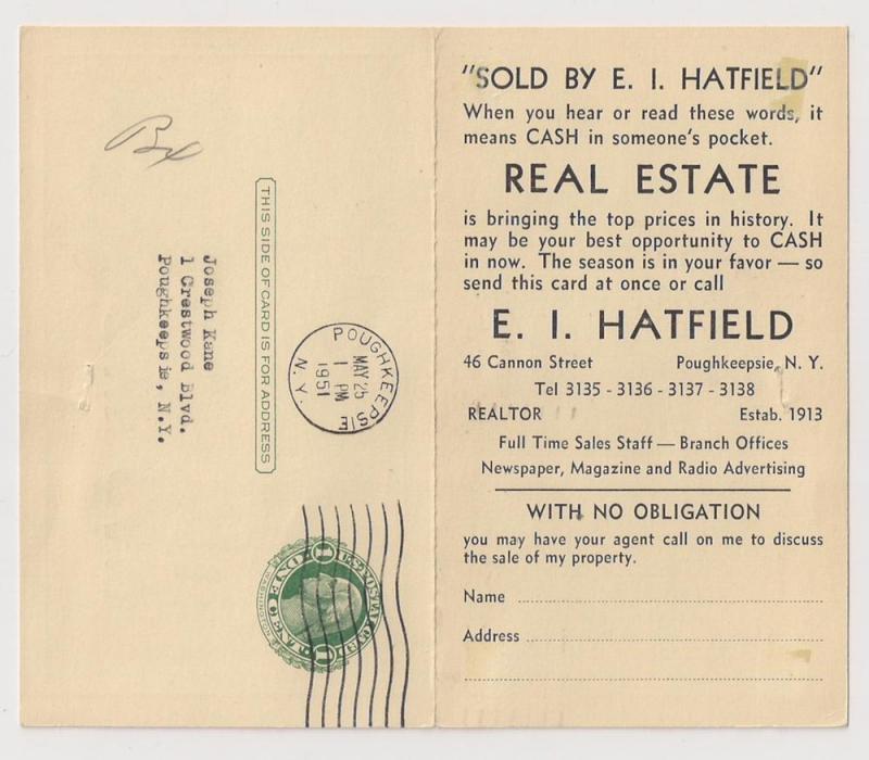 UY7 used w 1951 REAL ESTATE advert Poughkeepsie NY