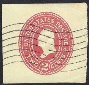 United States #U363 2¢ Washington (1899). Carmine on amber. Cut square. Used.