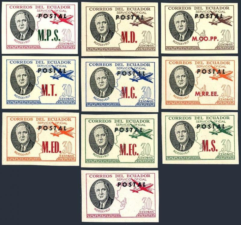 Ecuador D176-D185 Michel,MNH. Official stamps 1949.Roosevelt,Map,Plane.