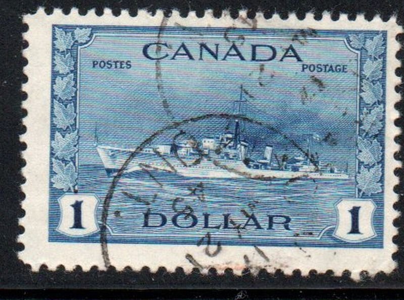 Canada Sc 262 1942 $1 blue destroyer stamp  used