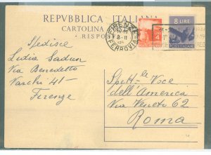 Italy  1949 Postal card uprate, 4 Lire stamp, 8 Lire imprint