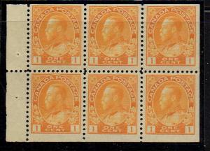 Canada Sc 105b 1922 1c yellow G V Admiral stamp booklet pane of 6 mint