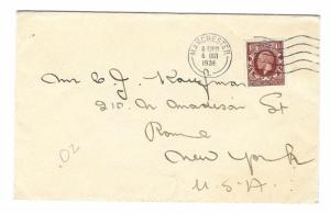 Manchester, England to Rome, New York 1936 cover, Scott 212, envelope embossing