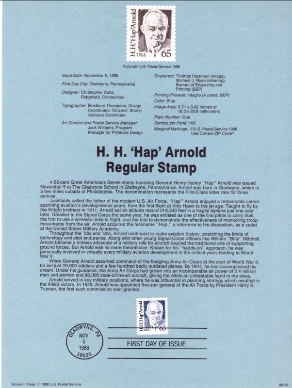 US SP733 H H Hap Arnold 2191 Souvenir Page FDC