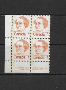 CANADA - 1973 SIR JOHN A. MACDONALD - LOWER LEFT PB - PLATE 1 - SCOTT 586 - MNH