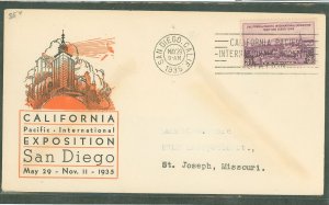 US 773 1935 3ct Pacific International Exposition (single) on an addressed (typed) first day cover with a cachet from an unknown