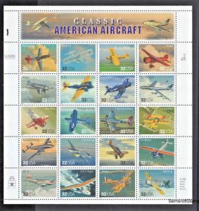 Scott 3142 Classic American Aircraft 32¢ 1996 Sheet Mustang Cub Wildcat Jenny