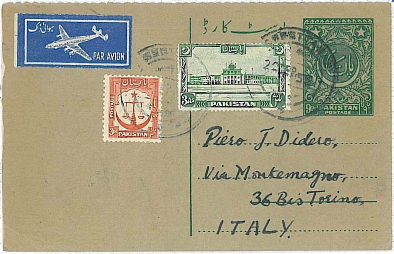 27097 - PAKISTAN - POSTAL HISTORY -  AIRMAIL POSTAL SATIONERY to ITALY 1955