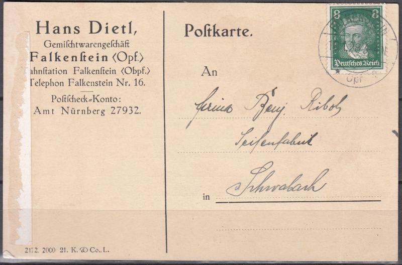 Germany - 10.1.1928 8pf Beethoven as single franking on card (5170)