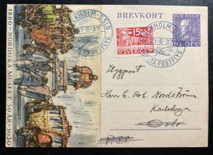 1937 Stockholm Sweden First Flight Souvenir Postcard cover FFC To Oslo Norway
