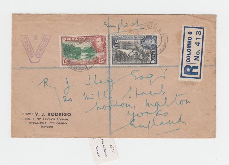 CEYLON -UK 1942 REG CENSOR(#6) COVER, 35c RATED(SEE BELOW)