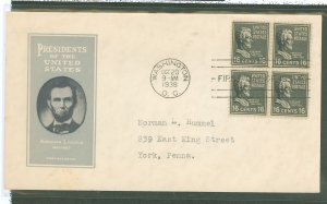 US 821 1938 16c Abraham Lincoln (part of the Presidential-Prexy-Series) block of our on an addressed (typed) FDC with an Loor ca