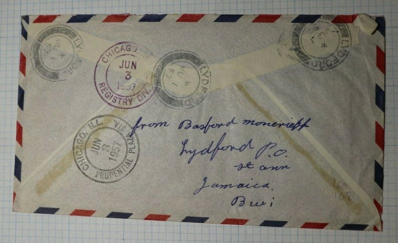 Jamaica Registered Airmail Cover USA 1957 Lydford Sc# 160 168