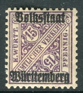 WURTTEMBERG;  1919 Official VOLKSSTAAT Optd. mint hinged 15pf. SP-245381