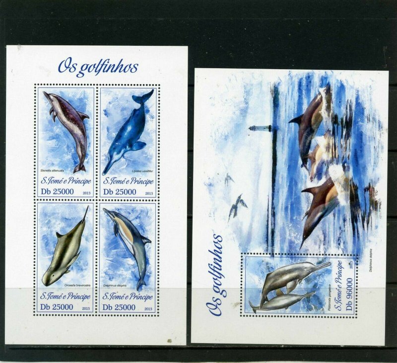 ST.THOMAS & PRINCE 2013 DOLPHINS SHEET OF 4 STAMPS & S/S MNH 