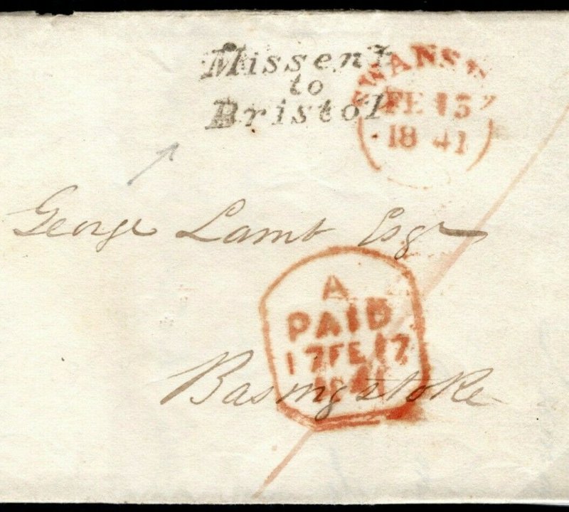 GB Wales Cover  *MISSENT TO BRISTOL* Swansea Entire Letter EL 1841 MC180a