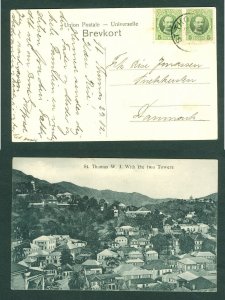 DWI. Danish West Indies. Postcard +_1910. Pair 2x 5 Bit,Sc# 43. St.Thomas Towers