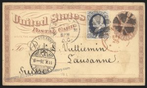 USA 1875 Postal Card Lausanne Switzerland Sc145 Franklin Cover 107669