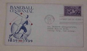 US FDC 1939 BASEBALL  CLIFFORD CACHET