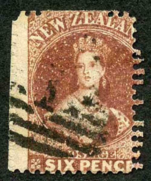 New Zealand SG108 6d red-brown Perf 12.5 fine used DOUBLE Perfed at right