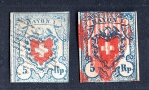 SWITZERLAND 1851 SCOTT #10 LIGHT BLUE & DARK BLUE WITH CLOSE MARGINS