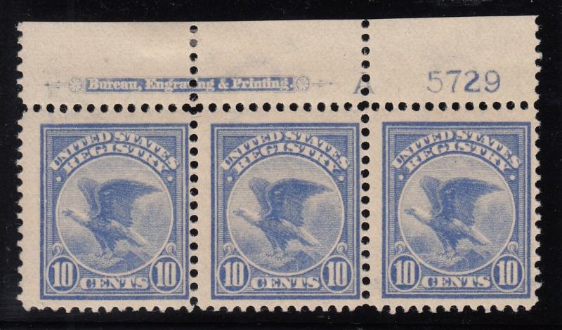 1911 Sc F1 Registration MNH plate strip of 3 Est  $1,375