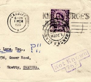 GB WALES REGIONAL Cover Explanatory Violet *NOT KNOWN/ 763* Cardiff 1961 PE271 