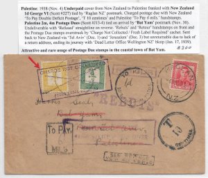 Raglan, New Zealand to Bat Yam, Palestine 1938 w/Palestine Due, Refused (55385)