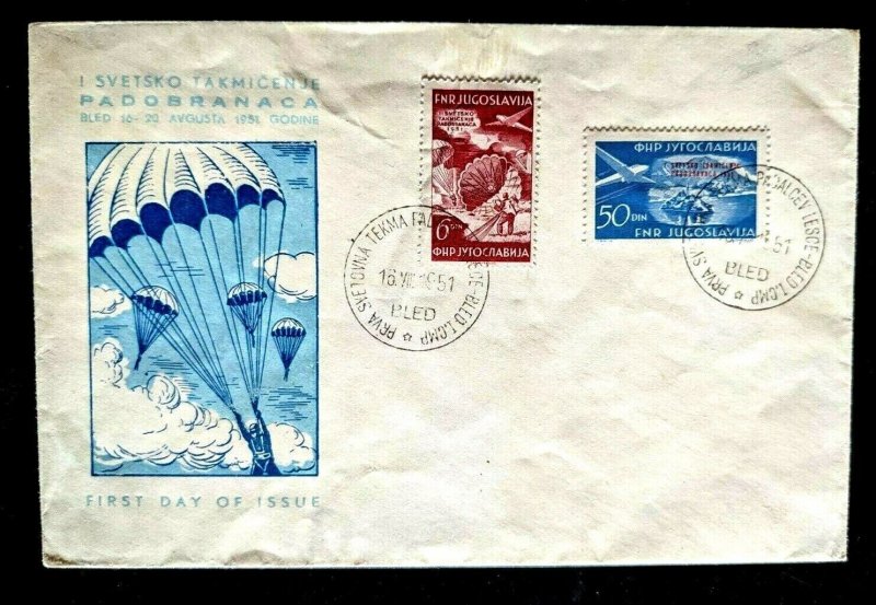1951 Bled Yugoslavia Paratrooper World Race Illustrated First Day Airmail Cover