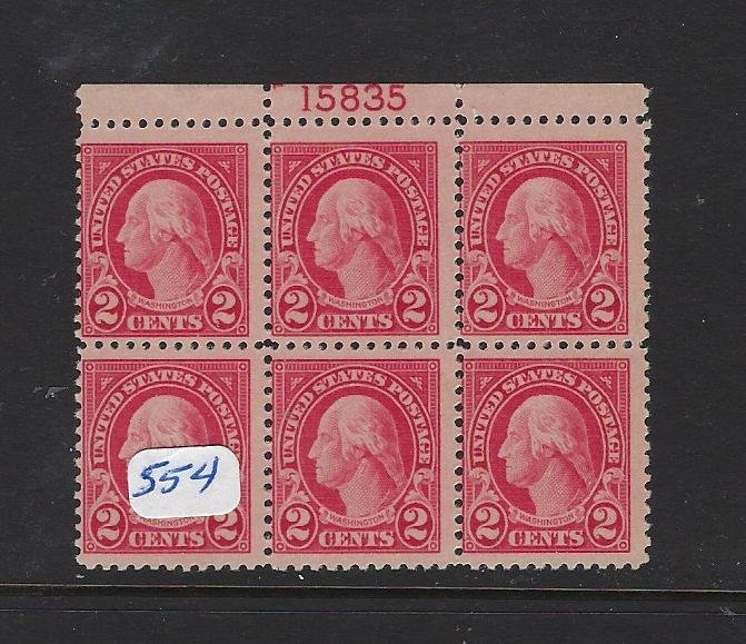 US #554 1922-25 REGULAR ISSUE- 2 CENTS- PLATE # BLOCK OF 6- MINT NEVER HINGED