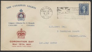 1937 #235 5c George VI Mufti FDC West Cachet Calgary Coronation Flag