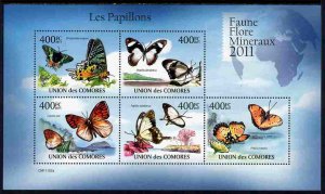 COMORO ISLANDS - 2011 - Butterflies  - Perf 5v Sheet #3 - MNH - Private Issue