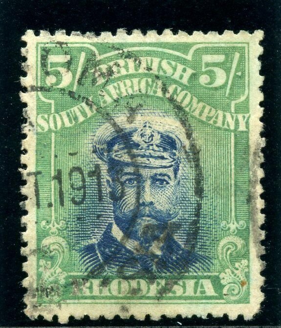 Rhodesia 1913 Admirals 5s blue & yellow-green very fine used. SG 251. Sc 135a.