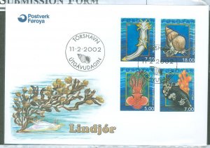 Faroe Islands 409-412 2002 marine life, mollusks, set of 4, on an unaddressed, cacheted cover