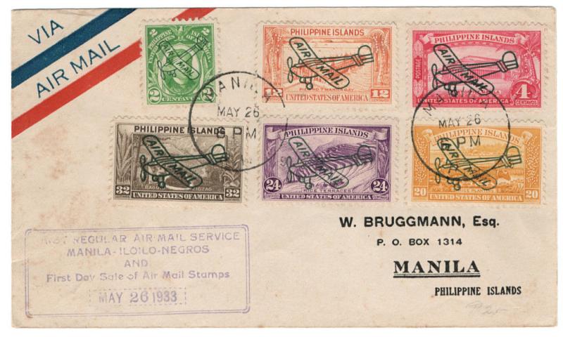 (I.B) Philippines Postal : First Air Mail FDC (Manila 1933)