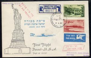 Israel 1957 Air France first flight reg cover to USA bear...