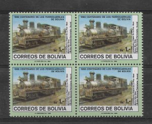 BOLIVIA 1988 CENTENARY OF BOLIVIAN RAILWAYS TRAINS LOCOMOTIVE BLOCK OF 4 MNH