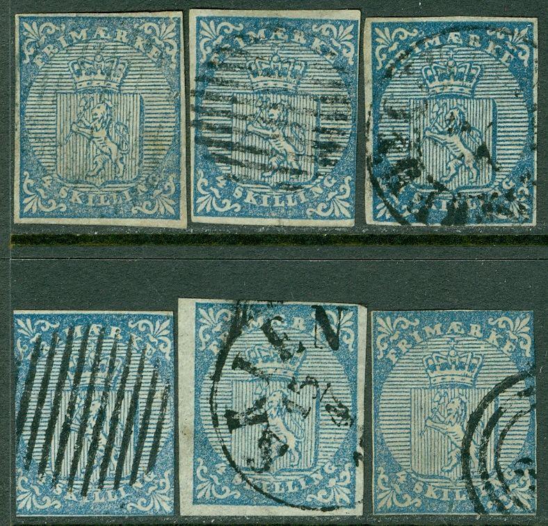 NORWAY : Nice group of 6 stamps of Scott #1.