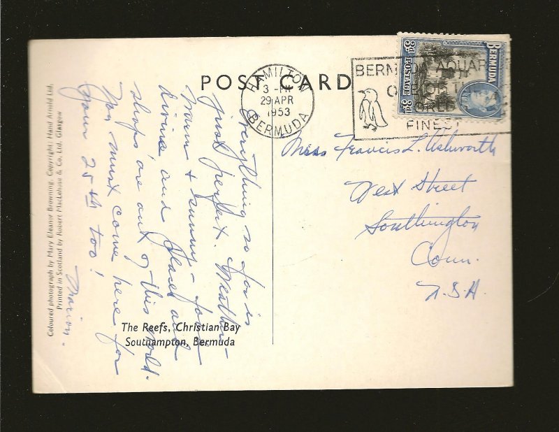 Bermuda 121A on Postmarked 1953 Hamilton to USA Postcard Used