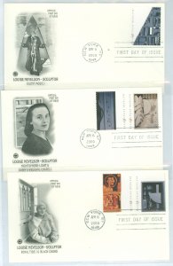 US 3379-83 2000 Louise Nevelson, sculptor (set of 5) on three unaddressed FDCs with matching artcraft cachets