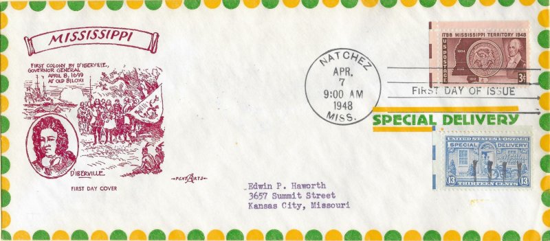 1948 FDC, #955, 3c Mississippi 150th, Pent Arts M-28, #10 envelope