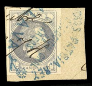 Spain, Carlist Issue #X3 Cat$325, 1874 1r violet, used on piece, signed Roig,...