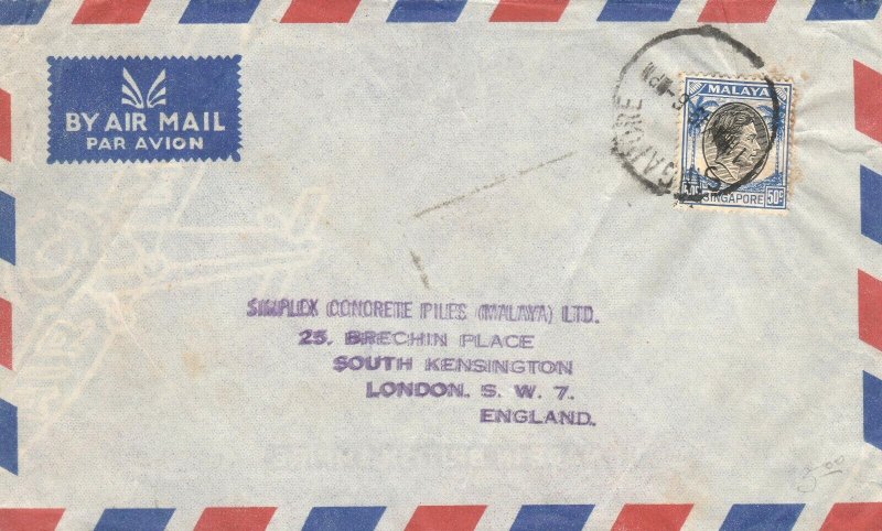 MALAYA 1949 Straits Settlements Singapore KGVI Airmail Cover to England M2605