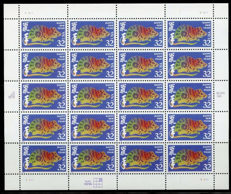 US SCOTT# 3060 NEW YEAR OF THE RAT  COMPLETE SHEET OF 20 STAMPS MNH AS SHOWN